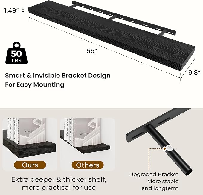 Dreamland 55Inch Black Floating Shelves 9.8" Deep Wall Mounted Set of 1 | Wall shelves for bathroom, bedroom, Living Room, kitchen, deep wall mount wood storage display for home decor 55" x 9.8"