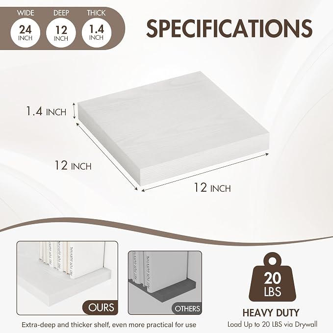 Acovy 12 Inch Floating Shelves, 12" Deep Floating Shelf Wall Mounted, 12" Wall Shelves, Rustic Deep Bookshelf, Extra Deeper Display Shelves & Storage Shelves for Bedroom, Living Room, Set of 3