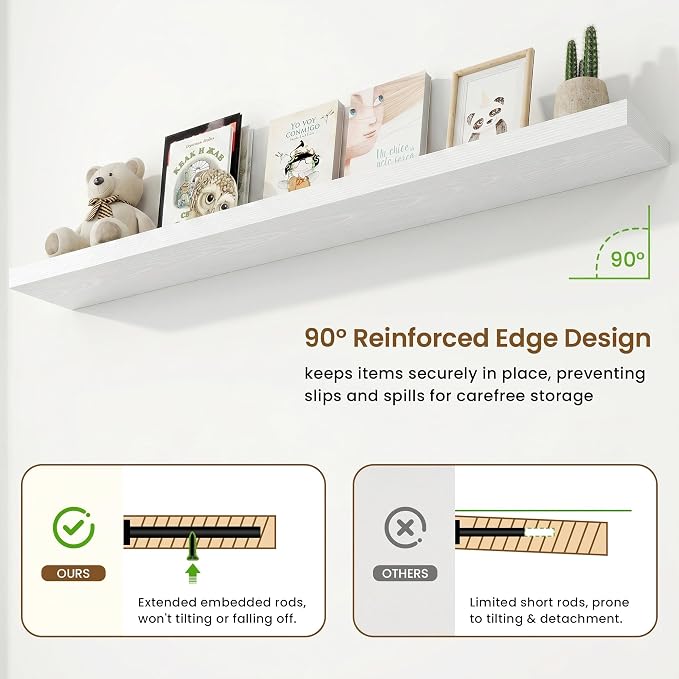 Marsmiles 55in Floating Shelves for Wall, 72" W x 9.25" D x 1.5" H, Long Wall Mounted Engineered Wood Shelves with Invisible Brackets for Living Room, Bedroom, Bathroom, Kitchen, White, 2Pcs