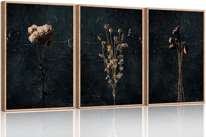 Ausril Moody Dark Orange Floral Framed Canvas Wall Art Set, Minimalist Wildflower Wall Decor, Black Flower Botanical Wall Painting, Modern Art Print for Living Room, Bedroom, Office 16"x24"x3