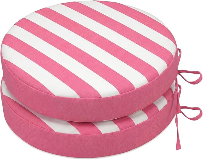 SK Studio Round Outdoor Chair Cushions for Patio Furniture, Set of 2 Waterproof Patio Chair Cushion with Adjustable Ties for Garden Sofa Couch, Pink Stripe, 19"x19"x3"