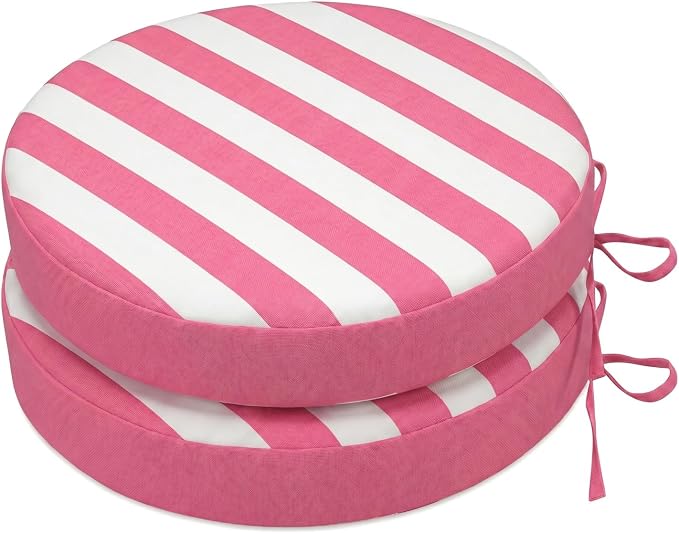 SK Studio Round Outdoor Chair Cushions for Patio Furniture, Set of 2 Waterproof Patio Chair Cushion with Adjustable Ties for Garden Sofa Couch, Pink Stripe, 18"x18"x2"