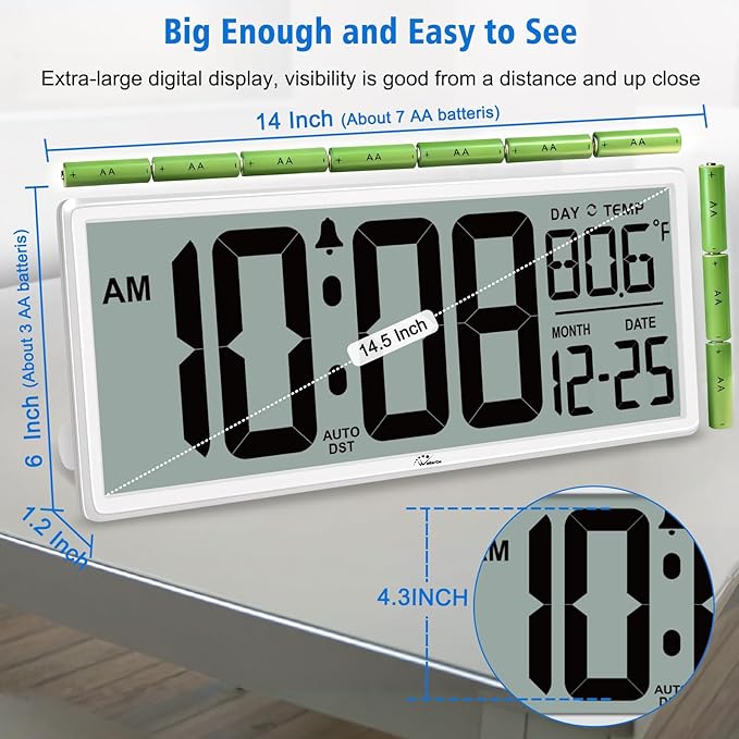 WallarGe Backlight Digital Wall Clock Battery Operated - with Temperature and Date 14.5'' Large Digital Wall Clock, Easy to Read and Set, Auto DST
