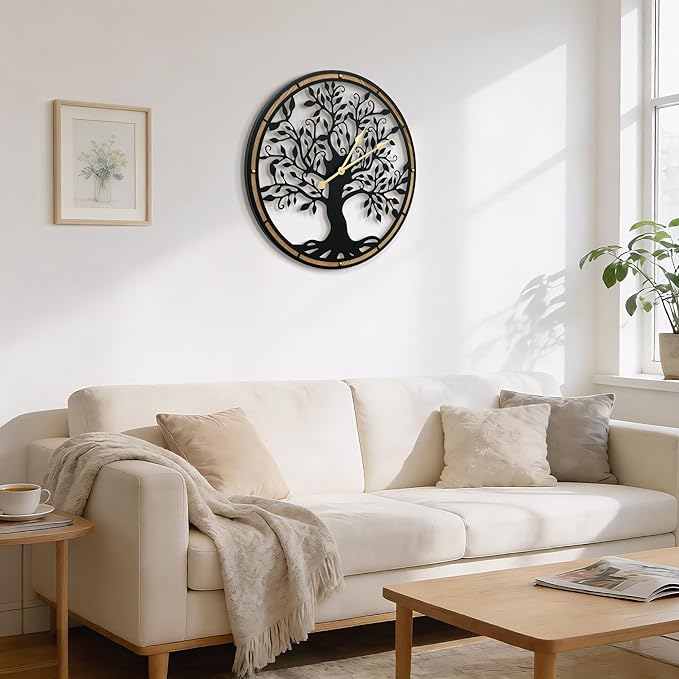 Micasso Farmhouse Large Wall Clock: 24 Inch Rustic Tree of Life Metal with Wood Frame - Battery Operated Wall Clocks for Living Room/Office/Bedroom - Home Decor for Fashion-Conscious