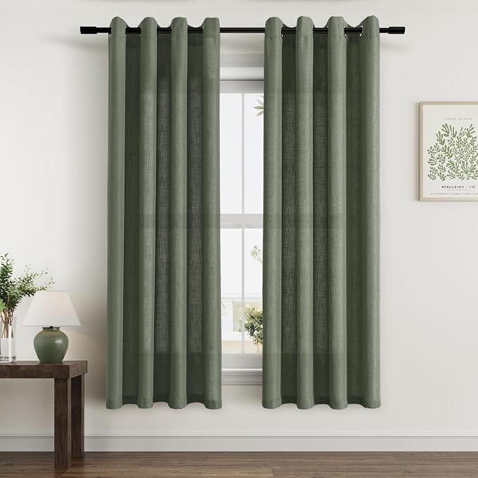 Olive Green Linen Curtains 72 Inches Long 2 Panels Set for Living Dining Room Grommet Cotton Blend Drapes Semi Sheer Farmhouse Curtains for Bedroom Cabin 52x72 Inch Length Christmas Holiday Decor