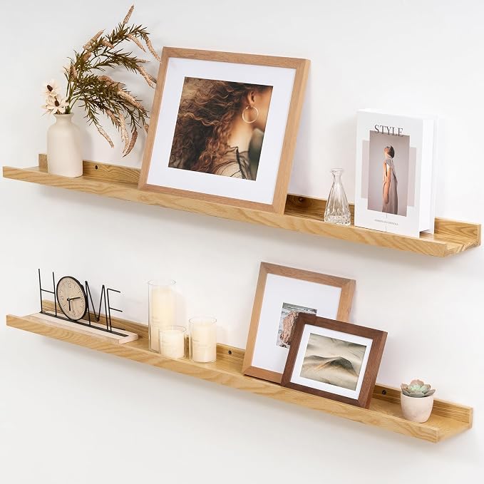 Acovy Solid Ash Wood Picture Ledge Shelf, 36 Inch, Natural, Set of 2 | Floating Shelves with Lip, Photo Ledge, Wall Mounted, For Nursery Bookshelf Living Room Bedroom
