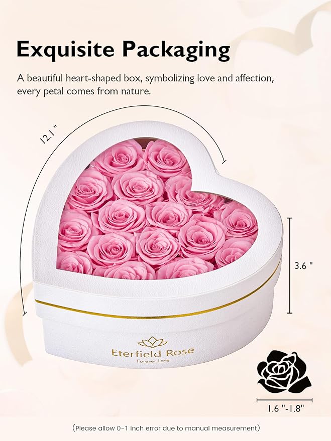 Eterfield 16 Forever Flowers in Heart Shape Box, Preserved Roses That Last a Year Preserved Flowers Birthday Gifts for Her Mom Women Wife Anniversary Valentines Day Mothers Day Christmas, Pink