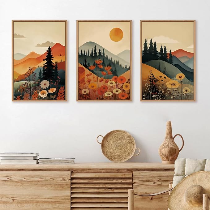 LHIUEM Large Boho Mountain Sunset Framed Canvas Wall Art Set, Pine Tree Flowers Wall Decor, Nature Landscape Forest Artwork for Living Room,Bedroom,Dining Room,Office -16"x24"x3