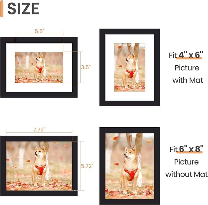 upsimples 6x8 Picture Frame, Display Pictures 3.5x5.5 with Mat or 6x8 Without Mat, Wall Hanging Photo Frame, Black, 1 Pack