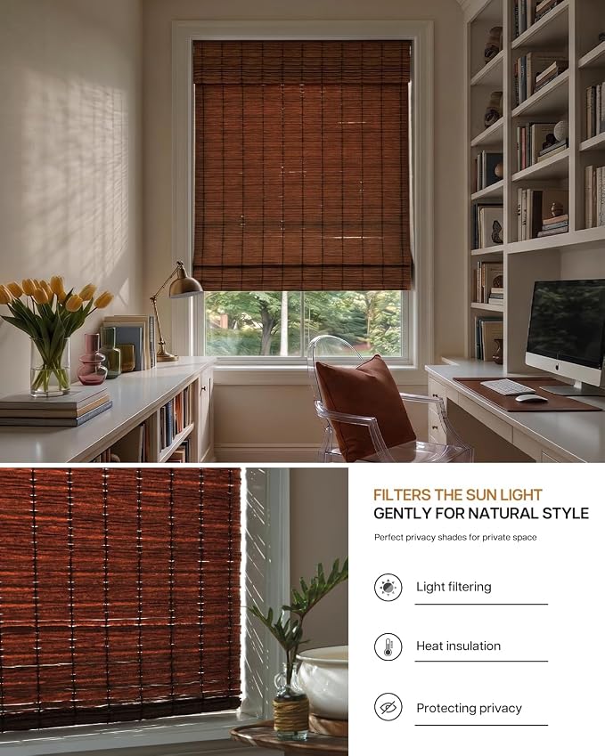 LazBlinds No Drill Cordless Roman Shades for Windows, Light Filtering Privacy Protection Thermal Insulation UV Blocking Natural Panama Weave Fabric Blinds for Windows, 33" W x 64" H, Brown
