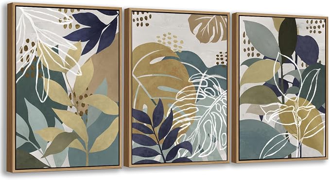 Large Botanical Wall Art for Living Room Natural Wood Float Framed Art Set of 3 Tropical Plant Pictures Boho Artwork Green Brown Leaf Canvas Prints for Bedroom Kitchen Home Office Wall Decor 20"X28"X3