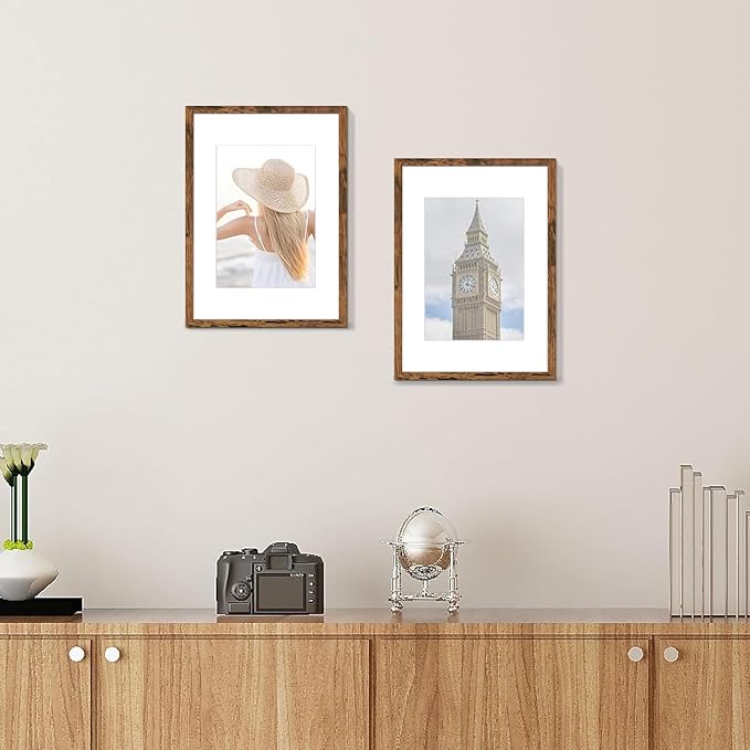 Picrit A3 Picture Frame Set of 12, Display 8.3x11.7 with Mat or 11.7 x 16.5 without Mat, Photo Frames for Wall Mounting Display, Brown