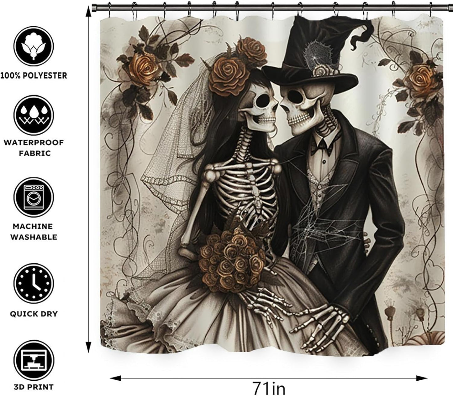 NEWSUYAA Halloween Decorations Shower Curtain Set with Non-Slip Rugs and Bath Mats,Black Skull Skeleton Bathtub Curtains with 12 Hooks,All Saints'Day (Nov 1st) Bathroom Decor