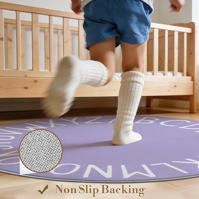 Topotdor Round Kids Play Rug Alphabet Nursery Area Rug Extra Large Soft Crawling Play Mat for Children Toddlers Bedroom (47 inch, Purple)