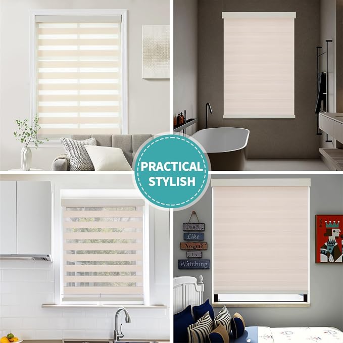 Joydeco Cordless Zebra Blinds (Pro), Dual Layer Light Control Zebra Blinds for Windows, Light-Proof Aluminum Cover, Free-Stop Roller Shades for Home & Office (Beige, 21" W x 48" H)