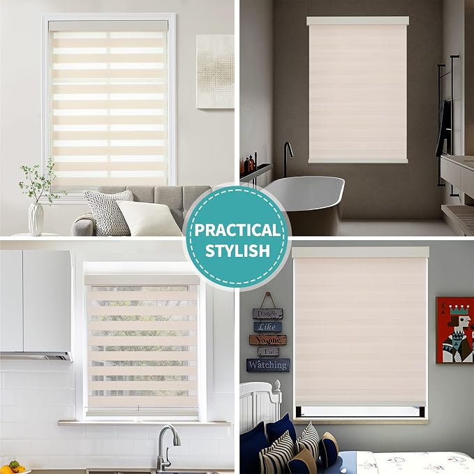 Joydeco Cordless Zebra Blinds (Pro), Dual Layer Light Control Zebra Blinds for Windows, Light-Proof Aluminum Cover, Free-Stop Roller Shades for Home & Office (Beige, 40" W x 75" H)