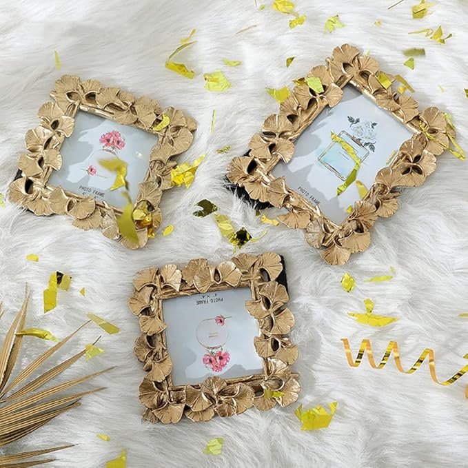 JOSON Vintage Photo Frame, Ginkgo Biloba Resin Gold Frame for Desktop Display and Wall Mount Home Decor (4 X4 Square)