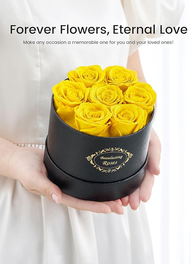 Beaulasting Long Lasting Preserved Roses in a Box Last a Year Forever Flowers for Her Mom Wife Anniversary Birthday (Round Black Box, Yellow)