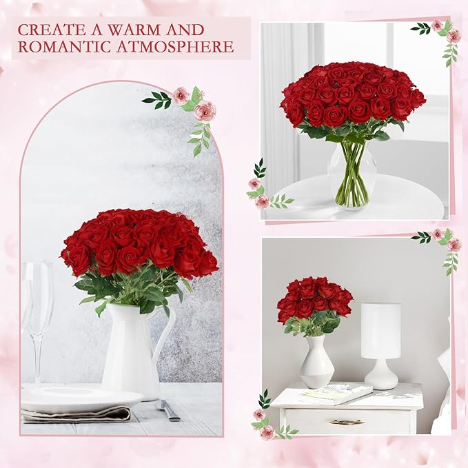 Hananona 50 Pcs Artificial Roses in Bulk, Fake Silk Red Roses Realistic Roses for Wedding Centerpieces Flower Arrangement Home Decor (50, Red)