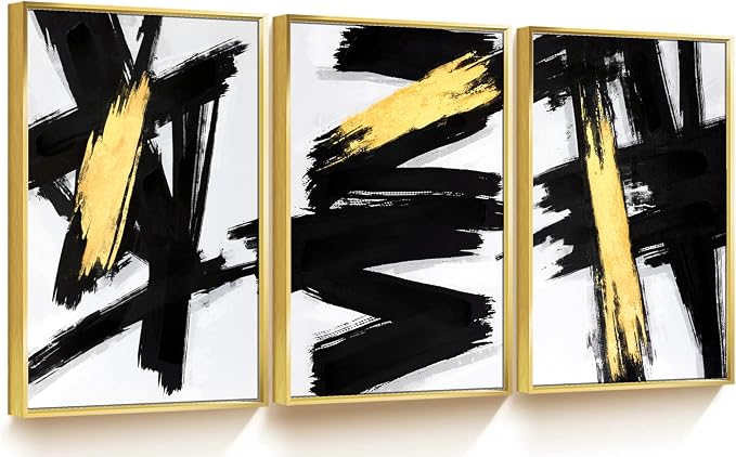 Sofoney - Gold Framed Black and Gold Abstract Canvas Wall Art Prints 3D Textured Black Brushstrokes Painting with Gold Foil, Modern Home Decor for Living Room Bedroom Office - 16"x24"x 3 Piece