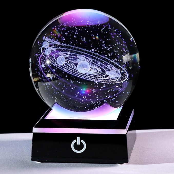 3.15" K9 Crystal 3D Solar System Ball with Black LED Colorful Lighting Touch Base, Engraving Solar System Star Planet Model Decor, Science Universe Astronomy Gifts for Astronomy Lovers