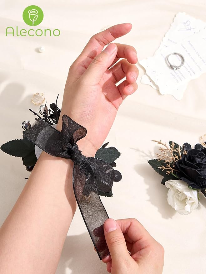 Alecono Black and White Corsage and Boutonniere Set, Corsages for Bride Bridesmaid Groom Bridegroom, Artificial Flowers for Prom Graduation Ceremony Anniversary