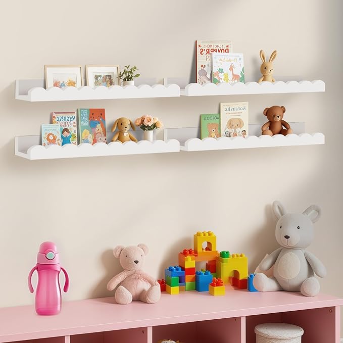 Yirilan 4-Pack Scalloped Shelves, Nursery Shelves for Wall, Floating Nursery Book Shelves for Kids, White