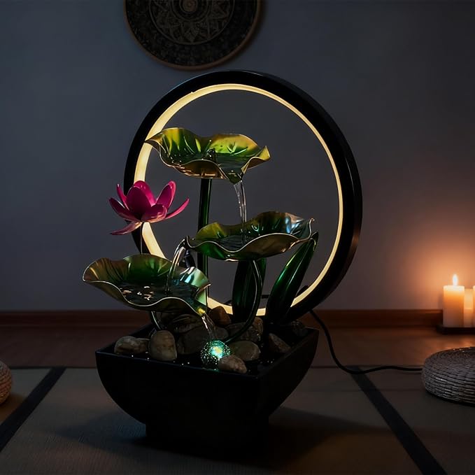 AOZITA Tabletop Fountain, Indoor Waterfall Fountain, Small Home Décor Zen Relaxation Soothing Sound Machine for Office, Living Room, or Bedroom, Green Metal Lotus with Flower, River Rocks, Round LED