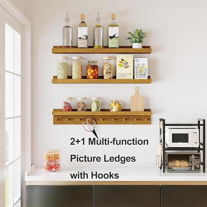 MBYD Solid Wood Light Walnut Floating Nursery Shelves for Living Room, 36 Inch Wall Shelf with Hooks & Wooden Pegs, Picture Ledge to Organize Kitchen Decor, Declutter Small Items & Hang Accessories