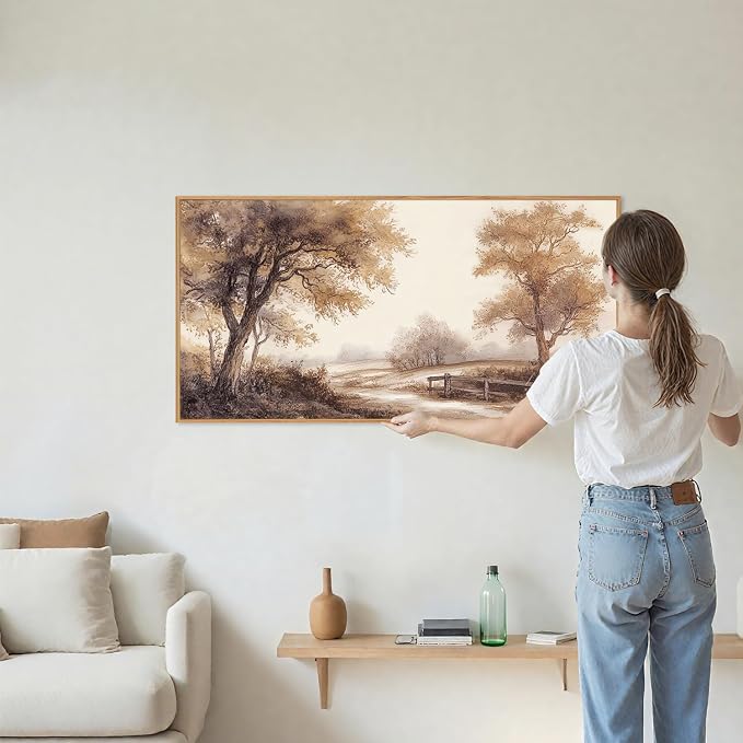 Rantodecor Vintage Landscape Framed Canvas Wall Art, Rustic Tree Sketch Wall Decor, Large Claming Nature Forest Art Paintings, Modern Relax Farmhouse Artwork for Bedroom Living Room 40"x20"