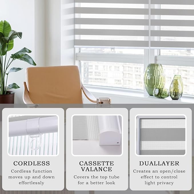 AOSKY Zebra Blinds for Windows Cordless Roller Shades for Home Free-Stop Windows Shades Dual Layer Light Control for Day and Night Easy to Install (43" W X 72" H, Grey)