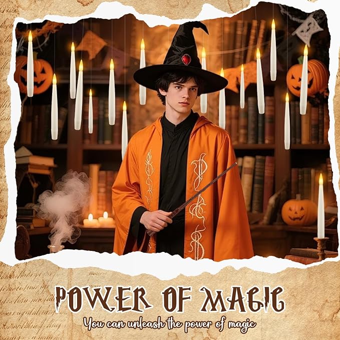 12White Flameless Floating Candles with Wand Remote, Magic Hanging Candles with String, Taper Candle Flickering Flameless Light Halloween Candles for Halloween Christmas Birthday Party Decor.