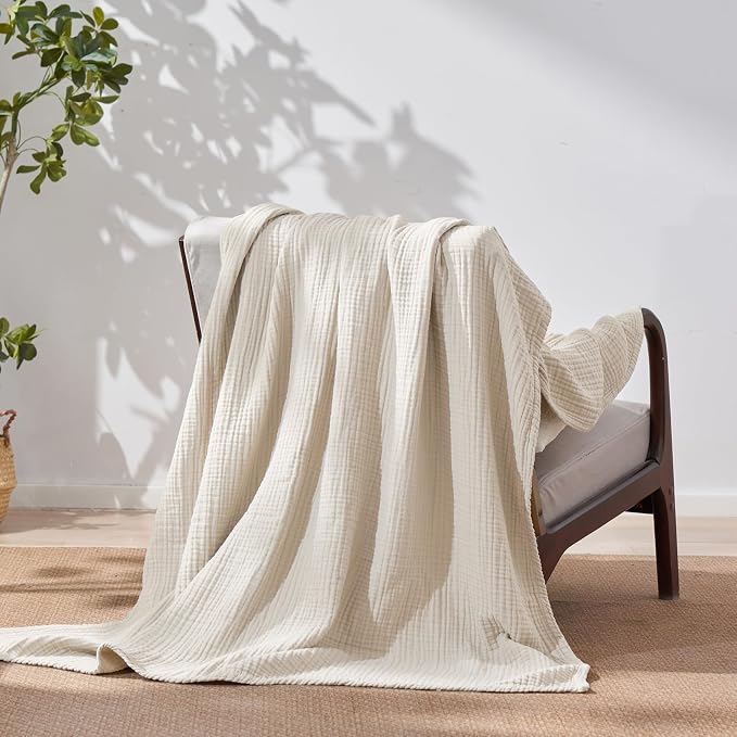 David's Home 100% Cotton Muslin Throw Blanket for College Dorm, 4-Layer Soft Breathable Lightweight Comfy Cozy Throw Guaze for Hot Sleepers, 3D Bubble Room Decor for Bed, Giftable, Brich, 50"x70"