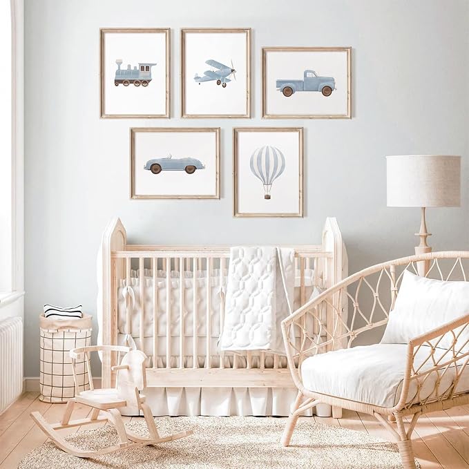 Blue Car Wall Art Decor Boys Room Canvas Poster Vintage Train Transportation Wall Art Watercolor Toddler Art Prints Blue Car Pictures Painting for Boy Bedroom Kids Nursery 8x10 Inch Unframed Set of 5