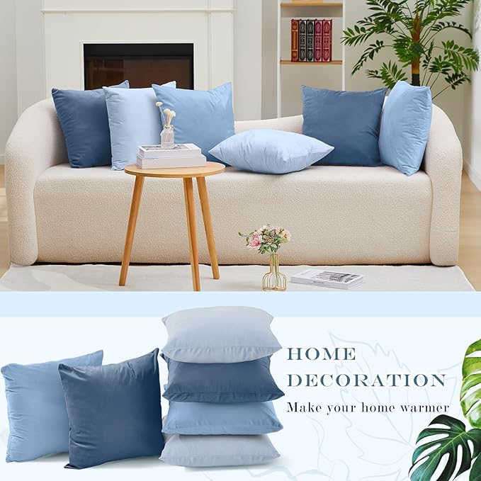 Berlune 6 Pcs Velvet Throw Pillow Covers 18" x 18" Decorative Cushion Cases Soft Pillowcase for Graduation Coquette Party Accessories Couch Sofa Bed Chair Home Decor, No Inserts (Blue Series)