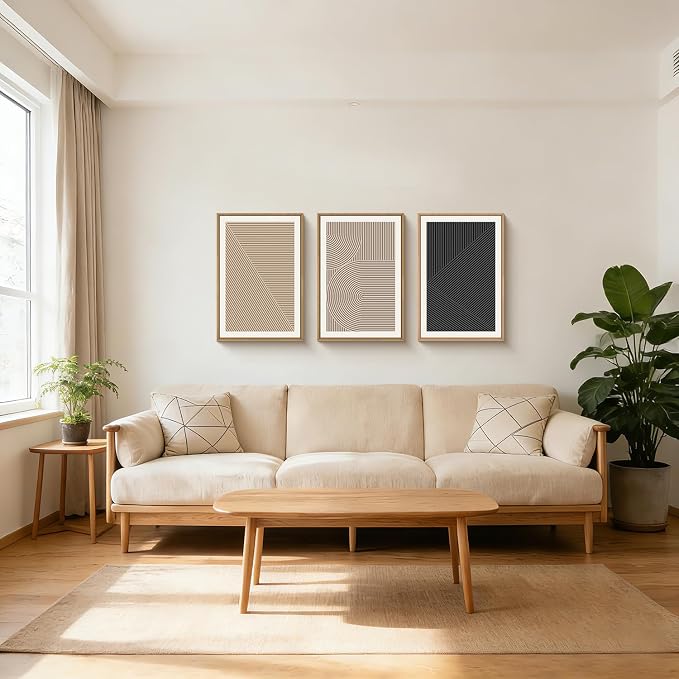 HPNIUB Abstract Neutral Framed Wall Art Set,Mid Century Modern Wall Decor,Boho Geometric Line Art Print,Beige Minimalist Textured Artwork for Living Room, Bedroom,Office-24 x36 x3