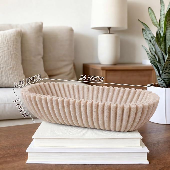 Large Decorative Bowl for Home Decor Long Dough Key Bowls Coffee Table Decor Centerpiece Beige Ruffle Scalloped Resin Modern Handicraft Bowl for Kitchen Counter Farmhouse Entryway