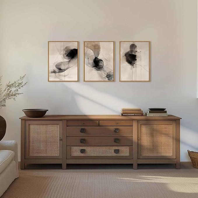 HPNIUB Beige Abstract Modern Framed Wall Art Set,Neutral Black Ink Line Wall Decor,Boho Geometric Line Art Print,Watercolor Minimalist Textured Brown Artwork for Living Room, Bedroom,Office-12 x16 x3