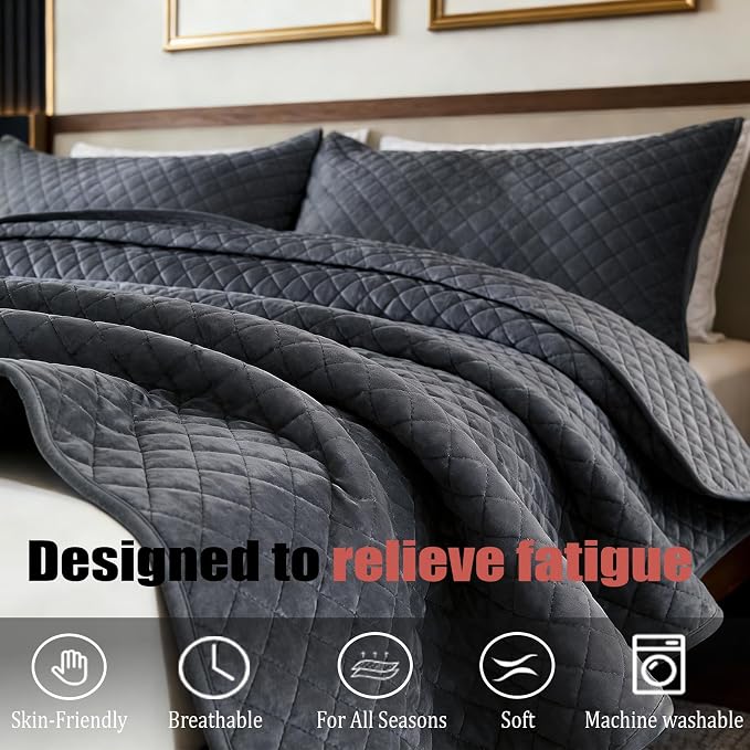 Velvet King Quilt Size Set 98x106 Luxury Ultra Soft Bedspread Coverlet 3-Piece King Comforter Sets with 2 Pillow Shams 20x36 Super Cozy for All Seasons Velvet Bedding Set, Blue Gray
