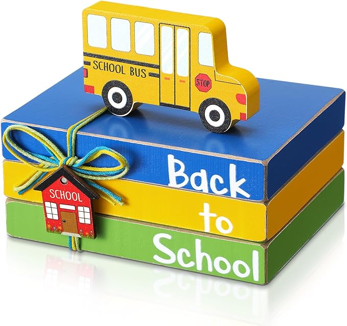 Pinkunn 4 Pcs Back to School Table Decorations School Bus Wooden Tiered Tray First Day Centerpieces for Office Classroom Teacher Desk Shelf
