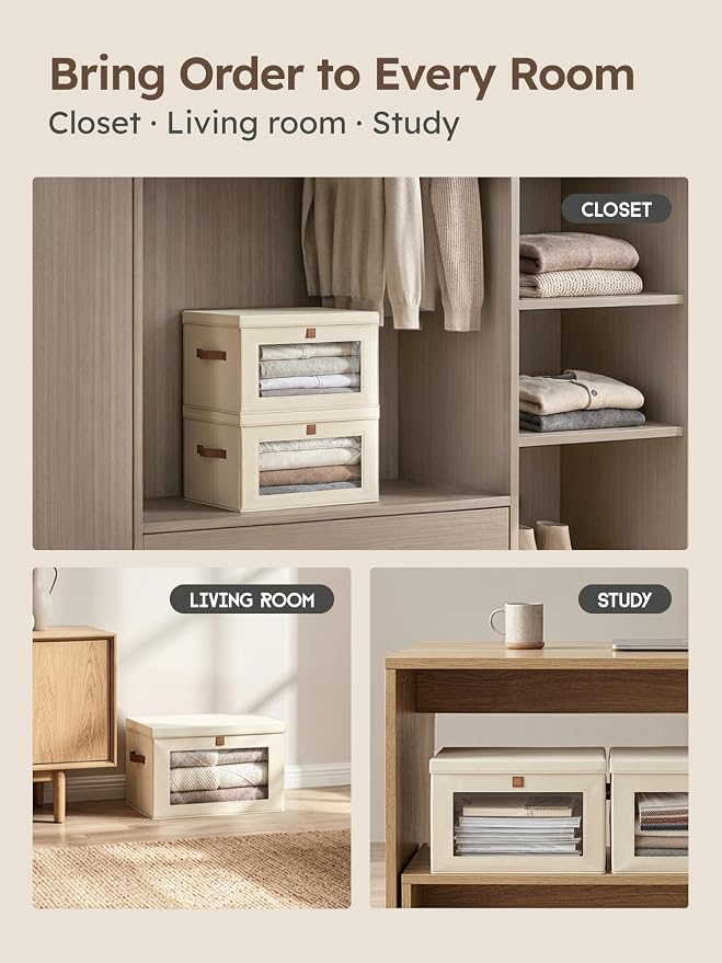 Homsorout Medium Fabric Storage bins - Collapsible Storage Bins with Open Window, 6 Pack Closet Baskets for Shelves, Stackable Decorative Boxes for Home, Dorm, Beige, 13.7"x 9.8" x 9.8"