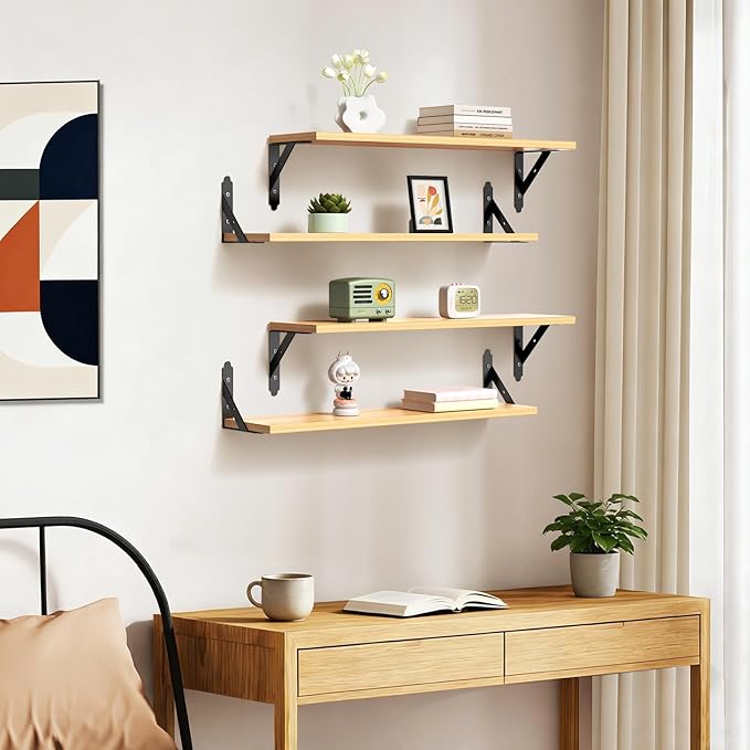 ROMGUAR CRAFT Wood Floating Shelves Set of 4, Rustic Storage Decor Wall Shelves, Wall Mounted Shelf for Living Room, Bedroom 23.6" x 6", Natural