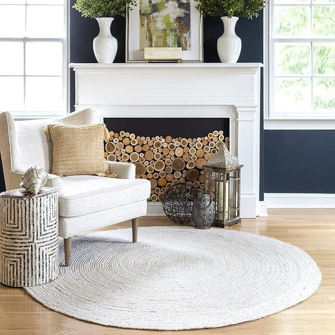 100% Jute Area Rug 5 Feet- Braided Design Hand Woven Off-White Natural Fibers Carpet - Home Decor for Living Room Hallways (5' Round, Off-White)