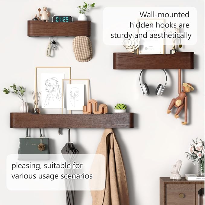 Coat Rack Wall Mount with Shelf 8 Hidden Hooks Modern Wooden Key Holder Entryway Organizer for Hallway Bedroom Bathroom Home Decor Storage for Hanging Coats Hats Bags Towels, Walnut