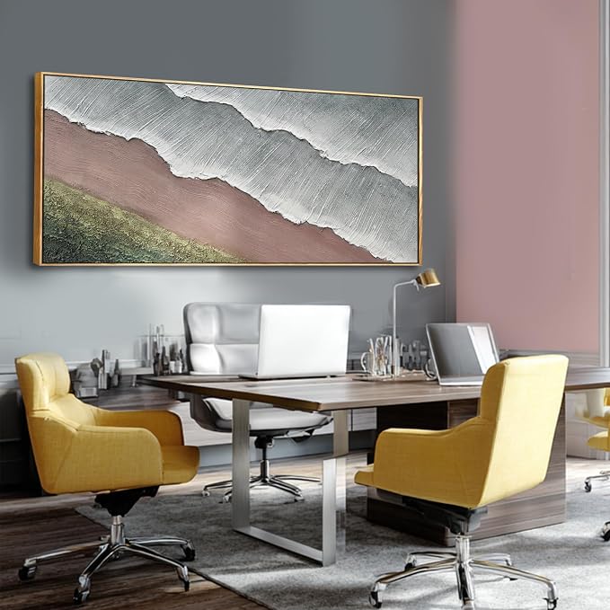 SHEYOYE Grey Blue and Taupe Abstract Mountain Canvas Wall Art with Olive Green Hills, 32x71 Large Textured Landscape Decor in Wooden Frame for Living Room Bedroom Entryway