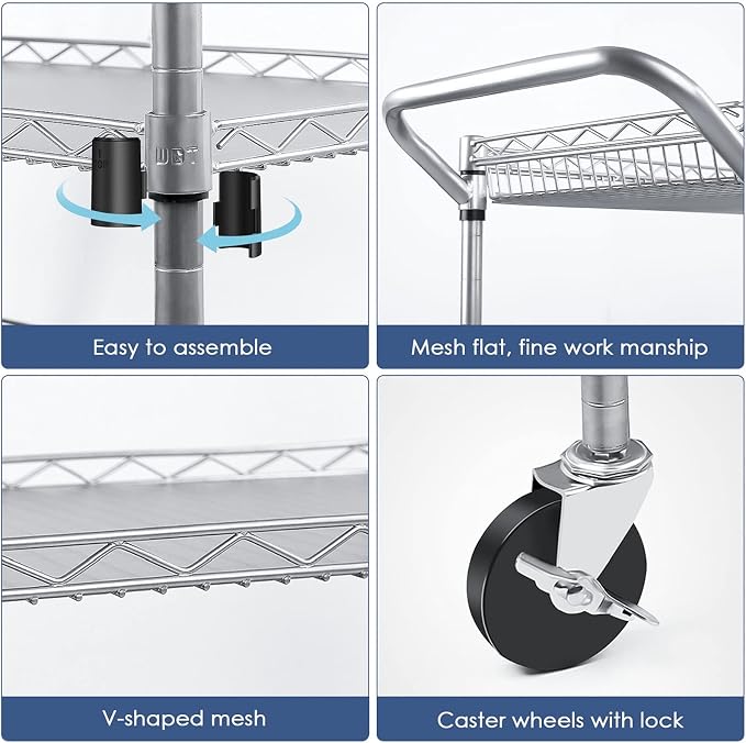 WDT Heavy Duty 3 Tier Utility Cart,Wire Rolling Carts with Wheels, Commercial Grade Service Cart with Shelving Liners and Handle Bar Metal Carts for Kitchen Office Hardware