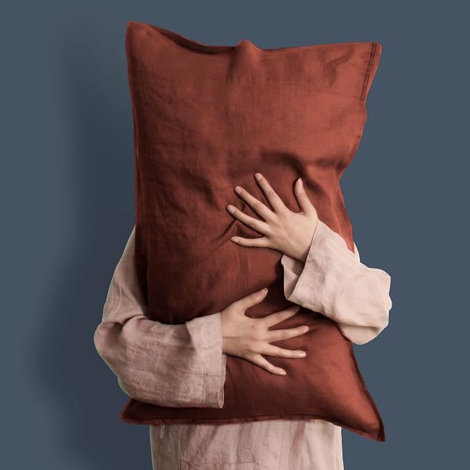 Linen World French Linen Pillowcases - Set of 2 - Stone Washed,Moisture-Absorbing - King Size (20''x40''),Red Pear