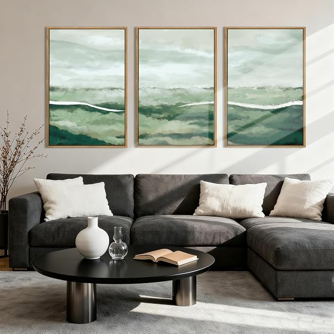 ANHUIB Large Green Abstract Framed Wall Art Set of 3 Sage Green Landscape Canvas Wall Decor 24x36 InchBeige Neutral Watercolor Lake Textured Illustrations Painting for Living Room Bedroom Dining Room