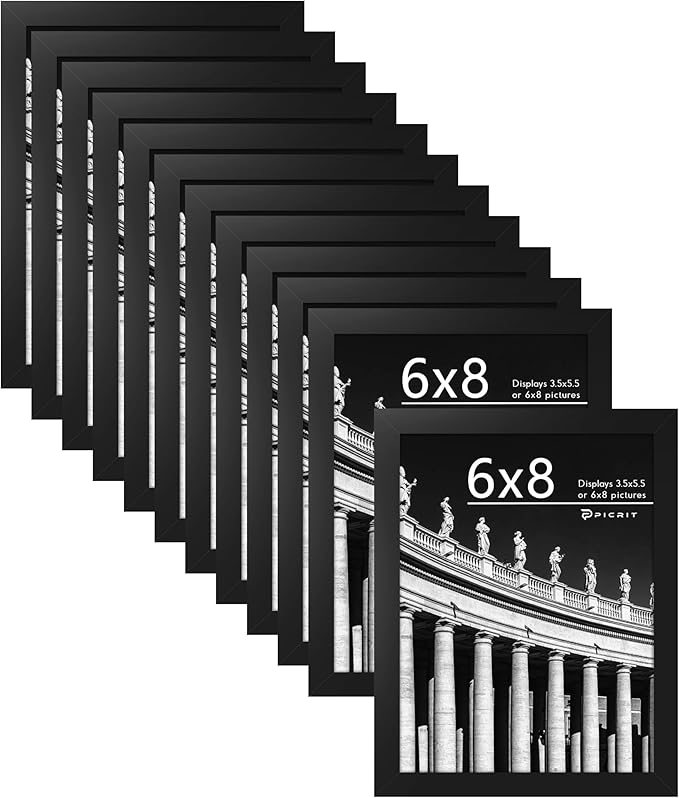 Picrit 6x8 Picture Frame Set of 12, Display 4x6 with Mat or 6x8 without Mat, Photo Frames for Wall Mounting or Table Top Display, Black