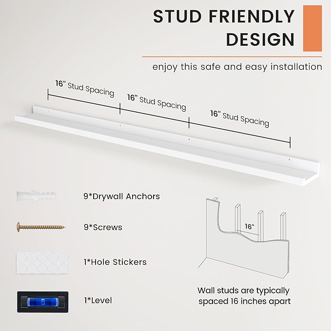 FLYJOE Picture Ledge Shelf, Floating Shelves Set of 2, 56 Inches Long Large Nursery Book Shelves for Toys Storage, Kids Bookshelf Wall Mounted for Living Room Bedroom Decor Books Photo Frames, White